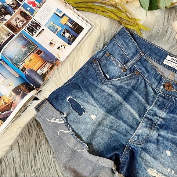 One Teaspoon Hawks Relaxed Fit High Rise Twisted Cuff Women’s Denim Shorts Sz 24 - Picture 2 of 11